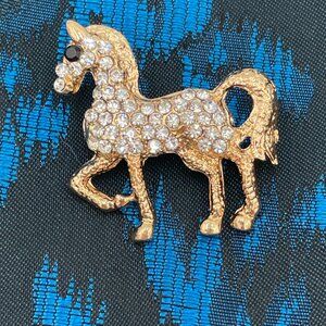 Vintage Gold-Tone Crystal Horse Brooch With Rhinestones Sparkle